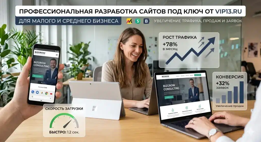 Бизнесмен смотрит на быстрый современный сайт на разных устройствах с графиками роста заявок в 2026 году.