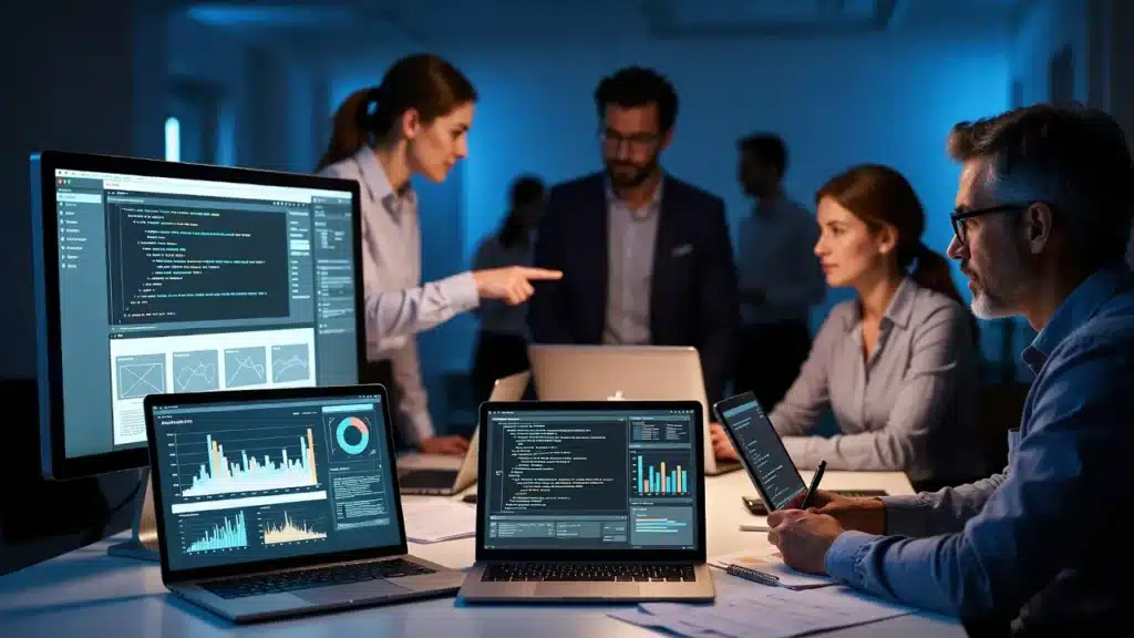 Профессиональная команда разработчиков обсуждает проект создания сайта с клиентом в современном офисе