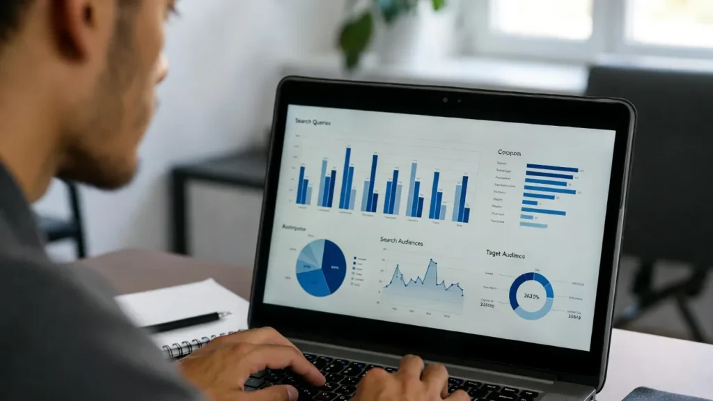 Реалистичное фото предпринимателя за ноутбуком с графиками поисковых запросов и целевой аудитории на экране._заказать сайт в Марселе